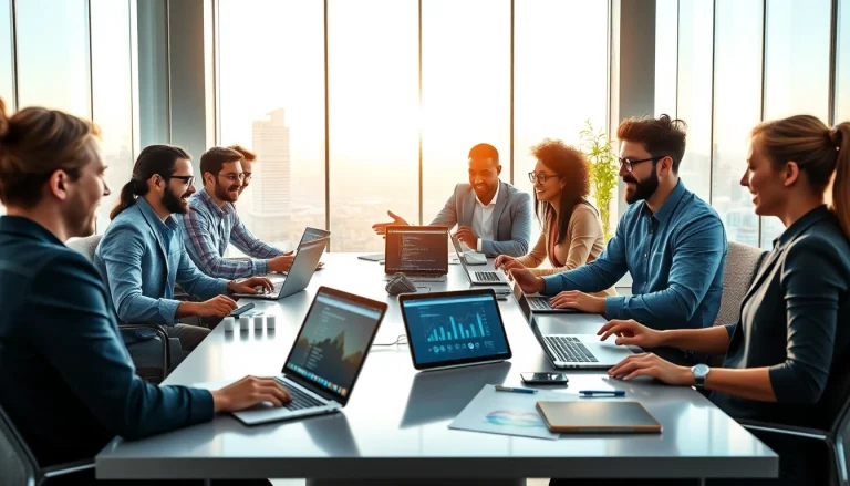 Technology collaboration in a bright office setting showcasing diverse individuals engaged in discussion.