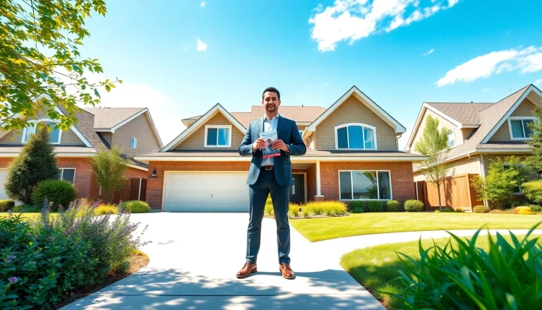 Real Estate agent presenting a modern house in a beautiful suburban setting with vibrant landscaping.