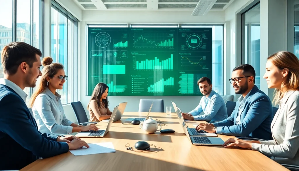 Outsourced IT Support Tampa team collaborating in a modern office setting with digital devices and analytics.