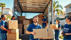 Movers San Diego team loading belongings into a truck in a sunny neighborhood.