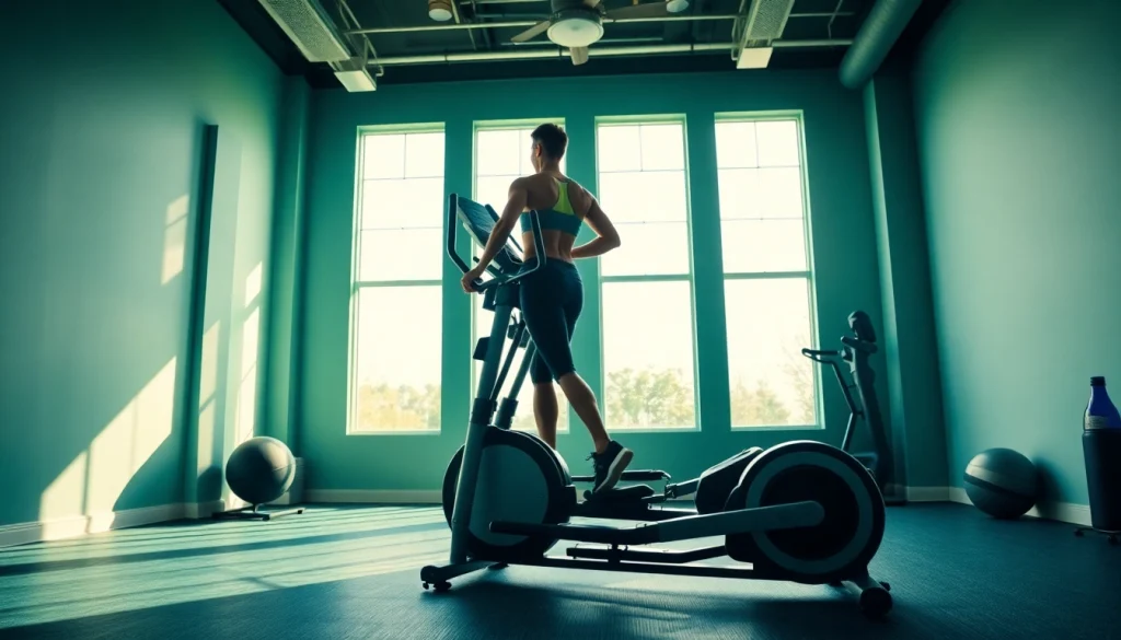 Elliptical machine manufacturer showcasing advanced fitness technology in a vibrant studio.