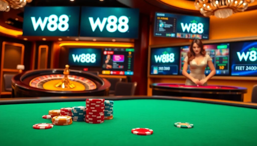 Experience high stakes at W88's elegant casino table with vibrant chips and roulette wheel.