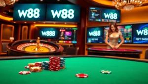 Experience high stakes at W88's elegant casino table with vibrant chips and roulette wheel.