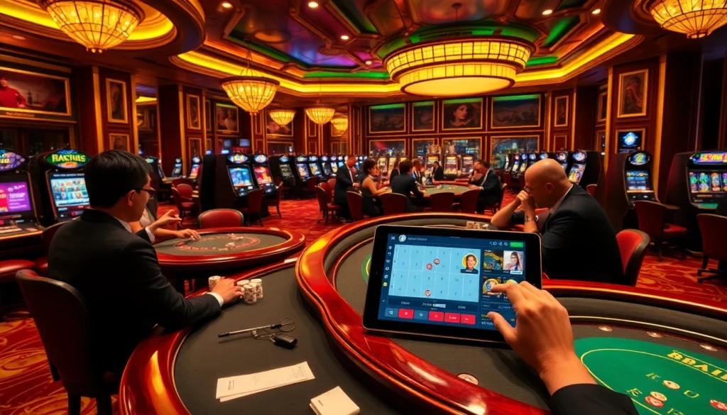 Gambling enthusiasts enjoying the luxurious experience of แบรนด์ F168 at a top-notch casino.