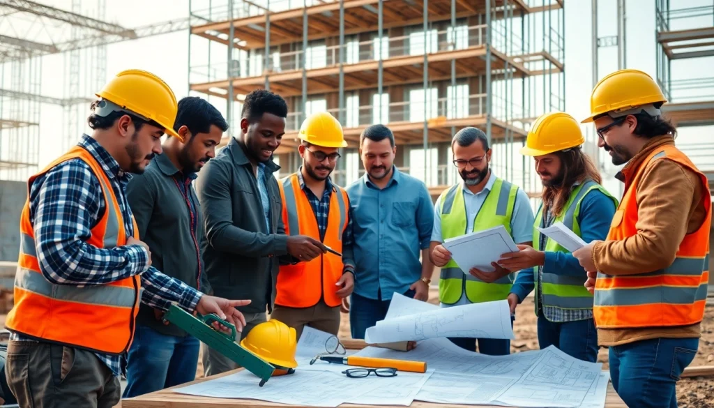 Highlighting construction workforce development through skilled workers in action at a construction site.