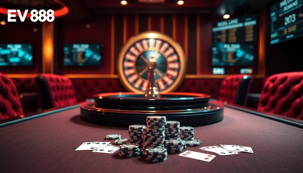 Engaging EV88 casino scene showcasing a luxe poker table, roulette wheel, and dynamic betting visuals.