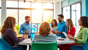 A vibrant social media agency team collaborating on innovative strategies in a bright office environment.
