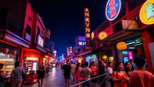 Vibrant nightlife scene representing 다낭밤문화 with colorful neon lights and lively atmosphere in Da Nang, Vietnam.