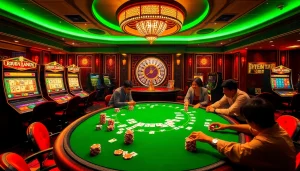 Nohu-themed casino scene with enthusiastic players at a poker table and vibrant slot machines.