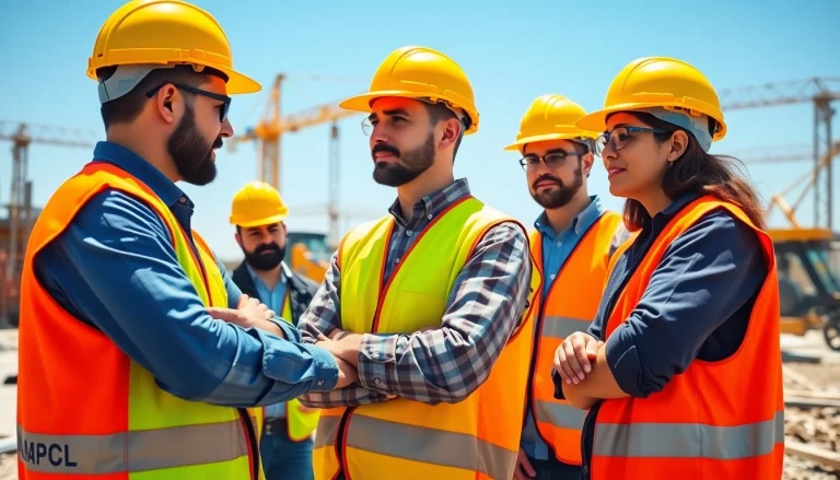 Engaged workers participating in construction safety training with a focus on collaboration and safety measures.