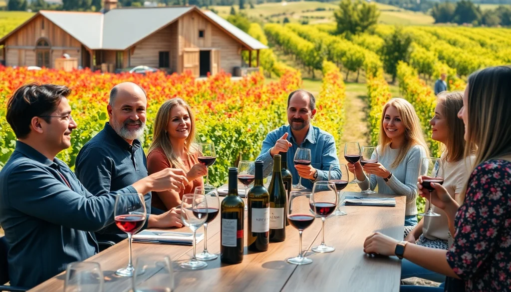 Experience Winery Membership with a vibrant tasting scene featuring wine enthusiasts enjoying wines in a sunny vineyard.