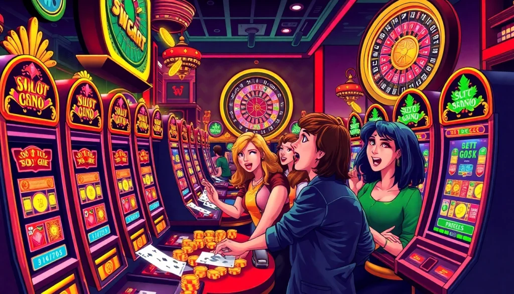 Engaged players enjoying Slot Gacor games at a vibrant casino, showcasing excitement and luxury.