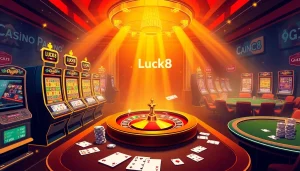 Luck8 gaming scene with vibrant slots, roulette, and poker for thrilling online gambling.