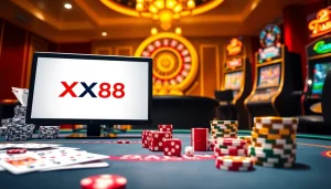 Engage with the vibrant online gaming atmosphere at https://xx88.today/ featuring poker chips and a roulette wheel.