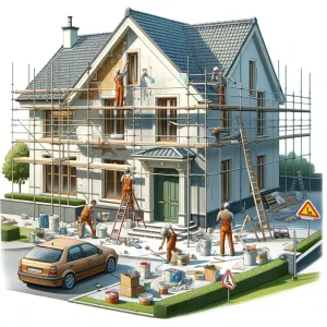 DALL·E-2024-02-19-09.30.11-Illustrate-a-realistic-scene-of-facade-renovation-work-on-a-suburban-single-family-house.-The-house-is-surrounded-by-a-well-kept-garden-and-scaffoldi
