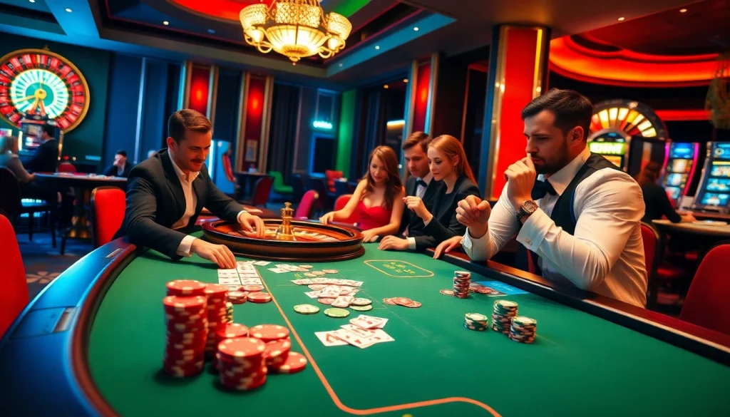 Gamblers playing at a casino table at https://hay88.deal/ with vibrant poker chips and a roulette wheel.