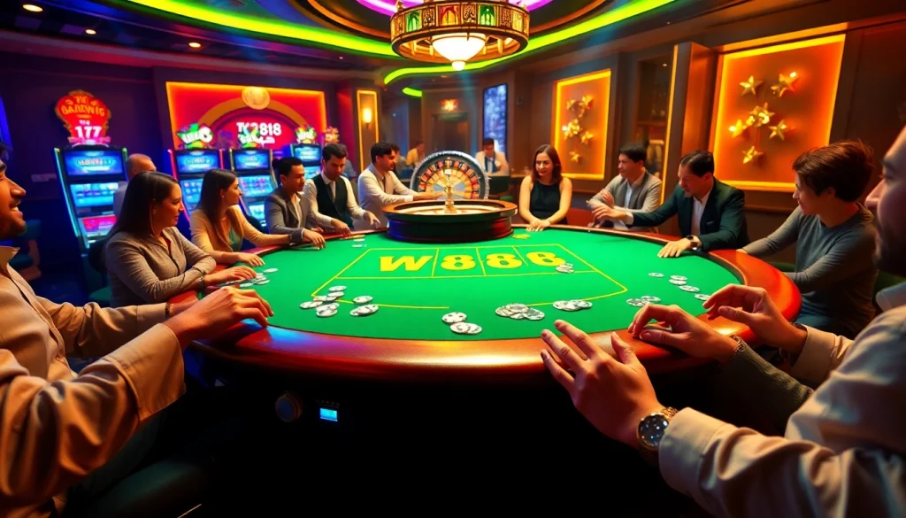 Cuộc chơi casino đầy hứng khởi có liên kết W88 trên bàn chơi sống động, người chơi phấn khích khi thắng.