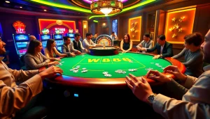 Cuộc chơi casino đầy hứng khởi có liên kết W88 trên bàn chơi sống động, người chơi phấn khích khi thắng.