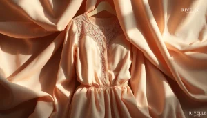 Showcasing Rivelle fashion garment against pastel backgrounds, emphasizing elegance and craftsmanship.