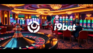 i9bet logo displayed in a lively casino scene with roulette and blackjack games.