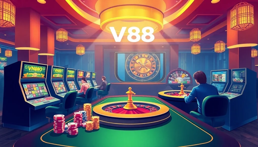 Experience the thrill at VN88 with dynamic gaming visuals featuring casino tables and slots.