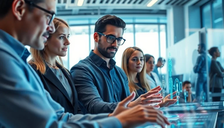 Engaging human interface with AI showcasing interaction in a modern tech environment.