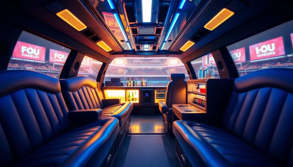 World Cup Group Transportation in a luxurious limousine with plush seating and stadium backdrop.