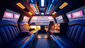 World Cup Group Transportation in a luxurious limousine with plush seating and stadium backdrop.