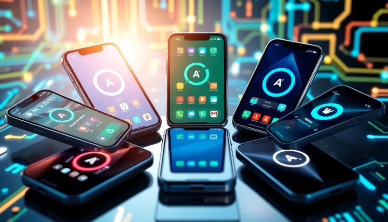 Explore innovative ai apps showcased on smartphones with unique features in a vibrant setup.