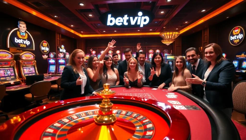 Người chơi hứng khởi quanh bàn casino sống động đang ăn mừng chiến thắng tại bet vip, với các yếu tố roulette và poker.