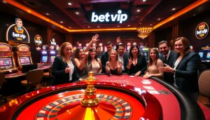 Người chơi hứng khởi quanh bàn casino sống động đang ăn mừng chiến thắng tại bet vip, với các yếu tố roulette và poker.