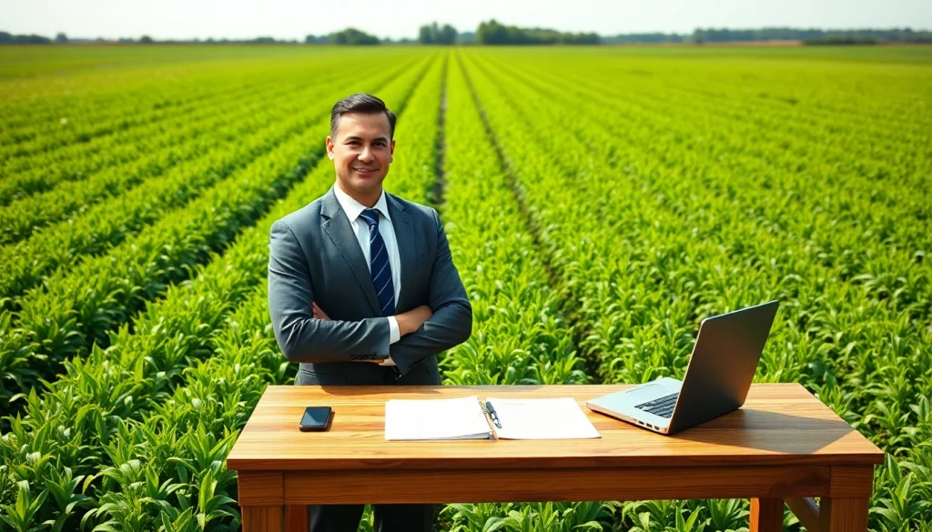 Engaging agriculture lawyer at work in a lush field, illustrating legal expertise amidst farming.