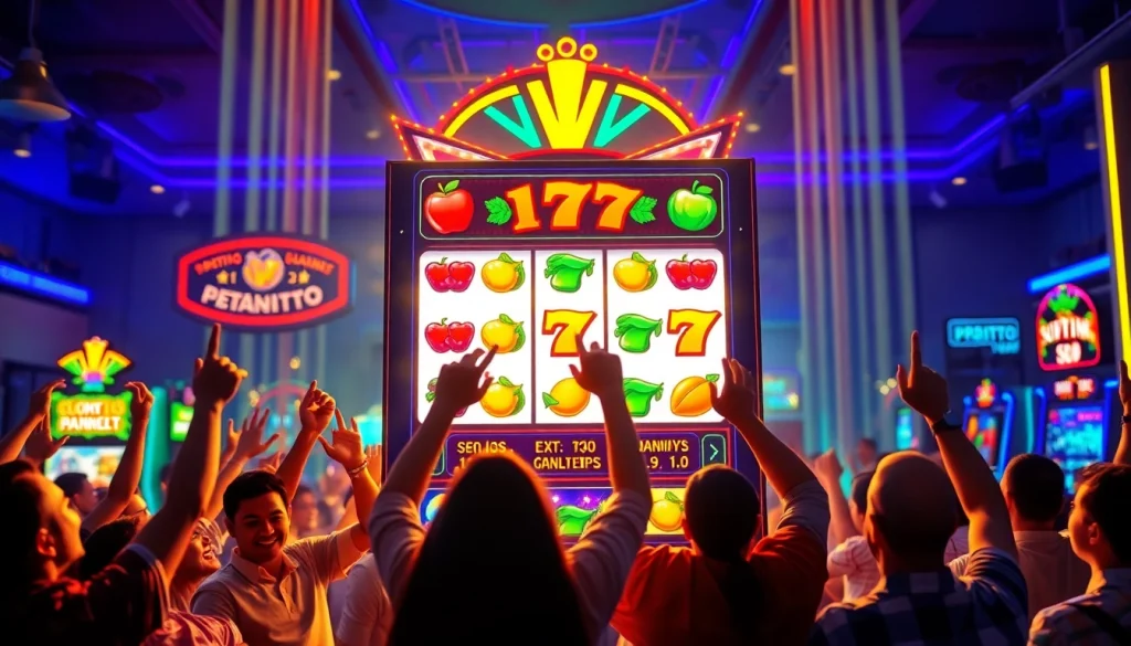 Menggambarkan permainan slot petanitoto dengan pemain yang merayakan kemenangan di lounge modern