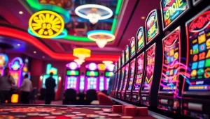 Pengalaman slot bet 50 yang menegangkan di kasino dengan slot dan kerumunan yang bersemangat.