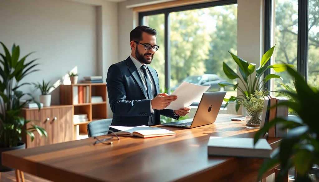 An environmental lawyer reviewing documents in a modern, eco-friendly office space.