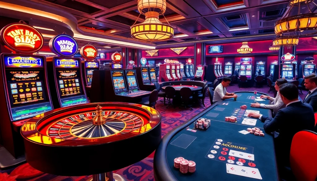 MM88 casino scene with exciting slot machines, roulette, and enthusiastic players celebrating wins