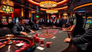 MM88 players engaged in a poker game with chips and cards in a luxurious casino setting.