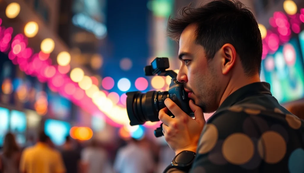 Videographer capturing a vibrant event scene with professional equipment and dynamic lighting.