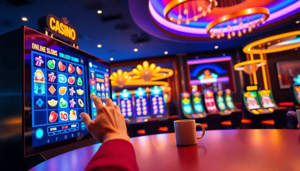 Mainkan slot depo 1000 dengan suasana semarak di ruang permainan kasino online yang modern.