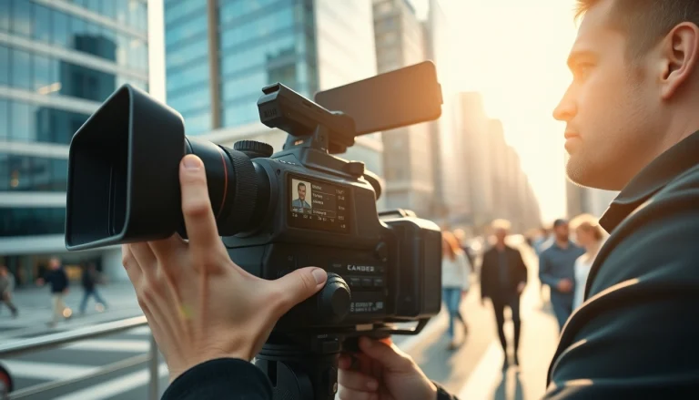 Videographer capturing moments with a DSLR camera in a vibrant urban environment.