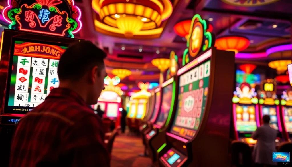 Jelajahi mahjong slot yang menarik dengan pemain di kasino yang hidup dan dinamis.