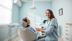 Dental implant Malaysia price consultation scene with a friendly dentist.