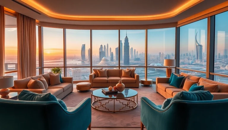 Showcasing luxury interior design dubai with opulent furnishings and city skyline view.