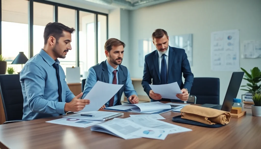 Księgowość dla firmy budowlanej zilustrowana w nowoczesnym biurze rachunkowym z analizą finansową i współpracą.