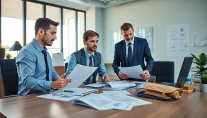 Księgowość dla firmy budowlanej zilustrowana w nowoczesnym biurze rachunkowym z analizą finansową i współpracą.