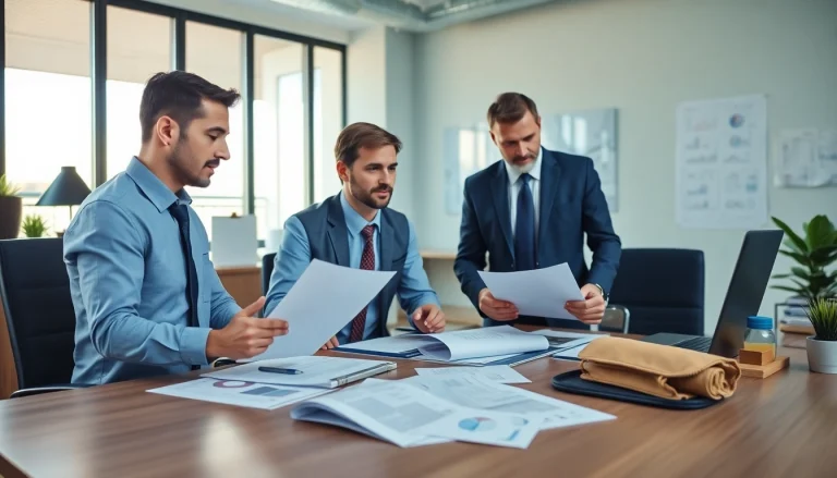 Księgowość dla firmy budowlanej zilustrowana w nowoczesnym biurze rachunkowym z analizą finansową i współpracą.