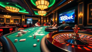 Engaging image of gamblers at a luxurious casino table featuring 188bet, showcasing excitement and high-stakes betting.