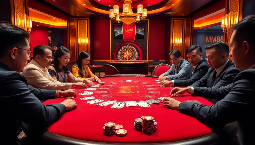 Players engaged in a high-stakes poker game at MM88's upscale casino table featuring vibrant colors and rich textures.