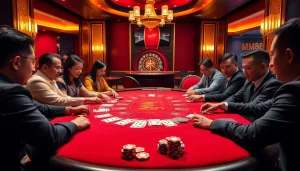 Players engaged in a high-stakes poker game at MM88's upscale casino table featuring vibrant colors and rich textures.