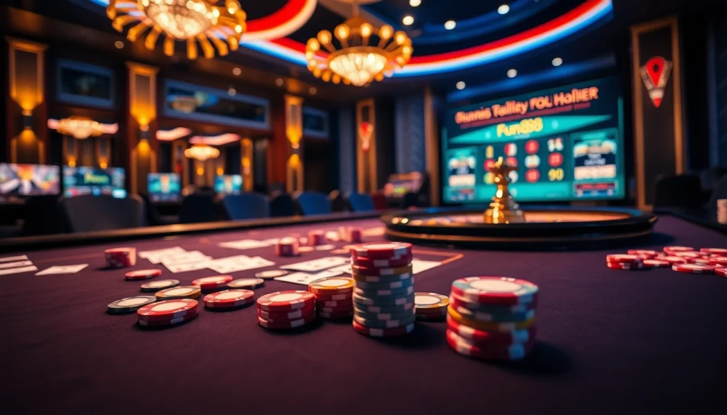 Exciting Fun88 online gambling scene with casino tables, cards, and vibrant colors.